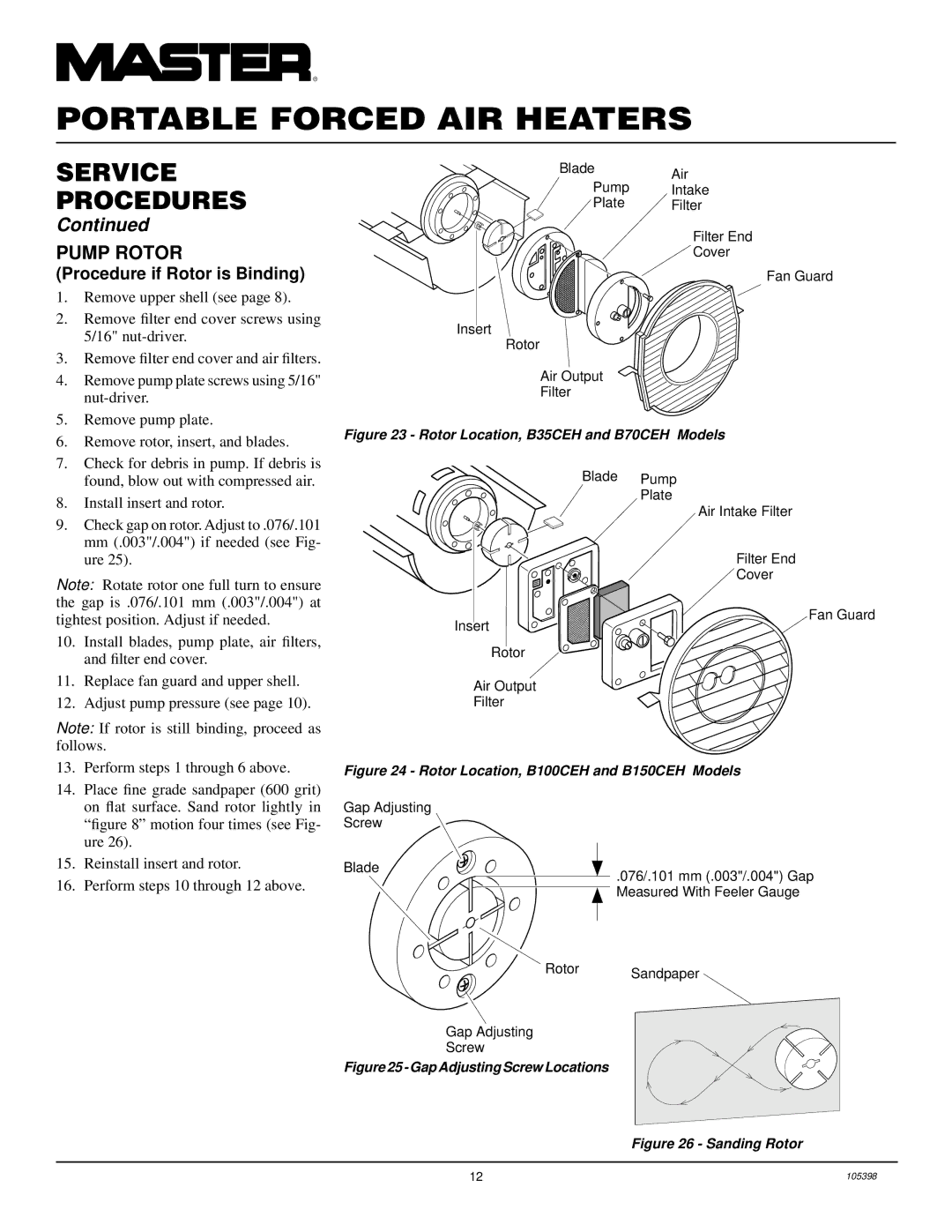 Master Lock B150CEH, B70CEH, B35CEH, B100CEH owner manual Pump Rotor, Procedure if Rotor is Binding 