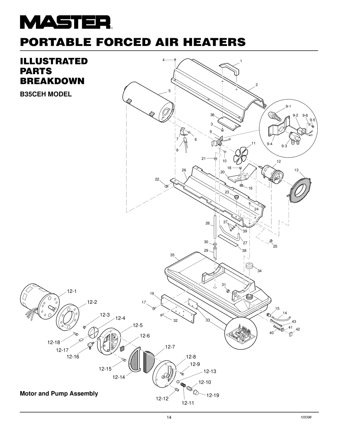 Master Lock B70CEH, B150CEH, B100CEH owner manual Illustrated Parts Breakdown, B35CEH Model, Motor and Pump Assembly 