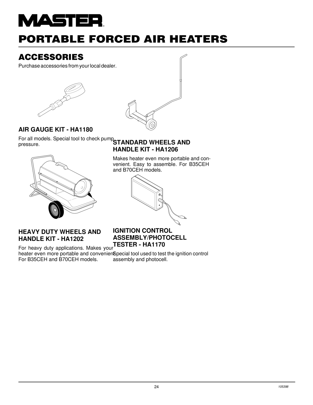 Master Lock B150CEH, B70CEH, B35CEH, B100CEH Accessories, AIR Gauge KIT HA1180, Heavy Duty Wheels and Handle KIT HA1202 