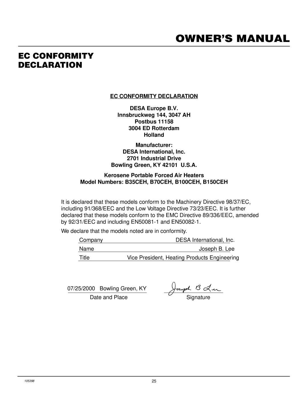 Master Lock B100CEH, B70CEH, B35CEH, B150CEH owner manual EC Conformity Declaration 