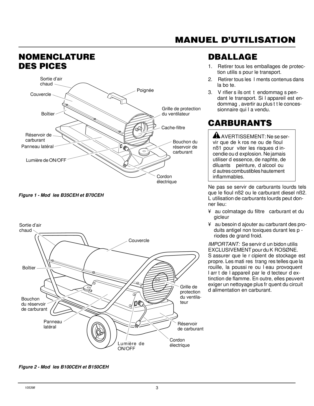 Master Lock B100CEH, B70CEH Manuel D’UTILISATION Nomenclature DES Pièces, Déballage, Carburants, Avertissement Ne se ser 