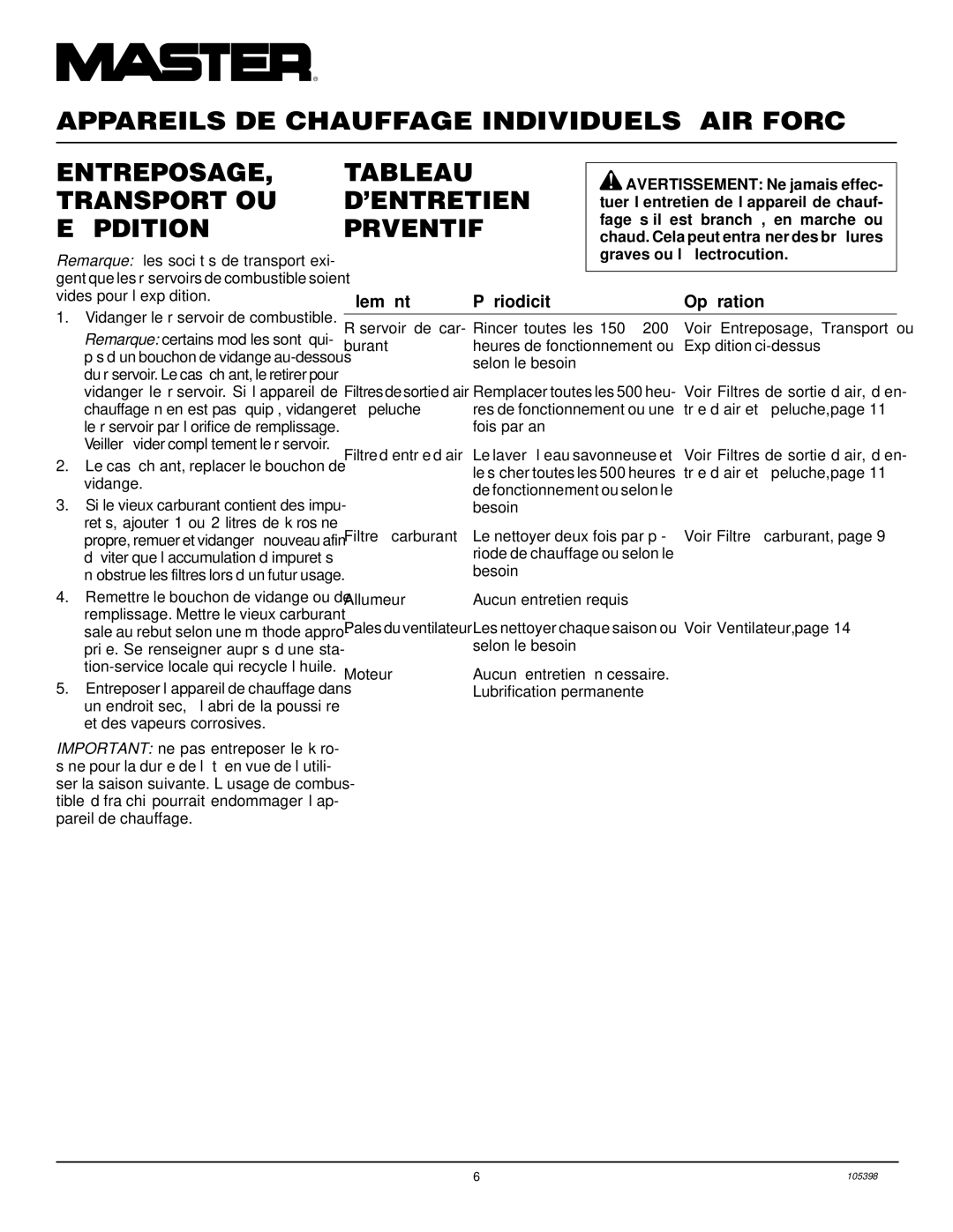 Master Lock B150CEH, B70CEH, B35CEH, B100CEH owner manual Tableau, ’Entretien, Préventif, Lemé nt Pé riodicité Opé ration 