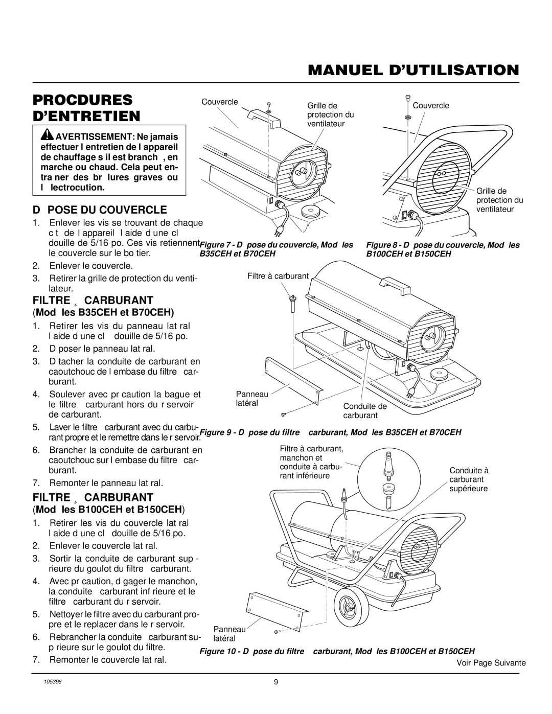 Master Lock B35CEH, B70CEH, B150CEH Manuel D’UTILISATION Procédures ’ENTRETIEN, DÉ Pose DU Couvercle, Filtre À Carburant 