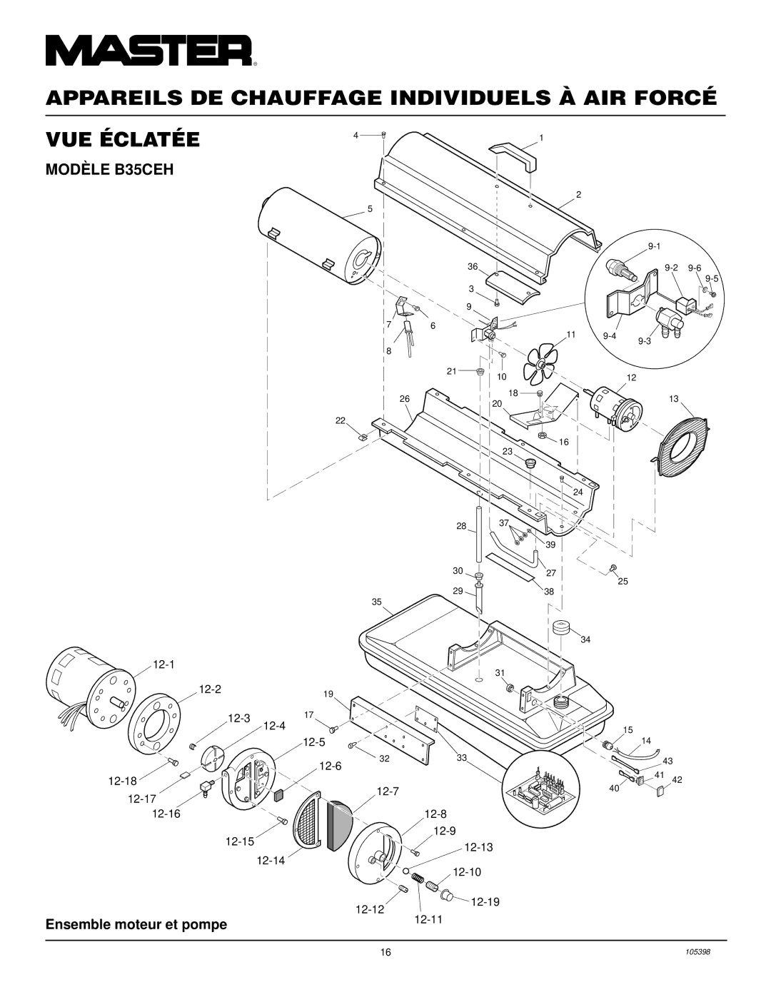 Master Lock B70CEH Appareils DE Chauffage Individuels À AIR Forcé VUE Éclatée, Modè LE B35CEH, Ensemble moteur et pompe 