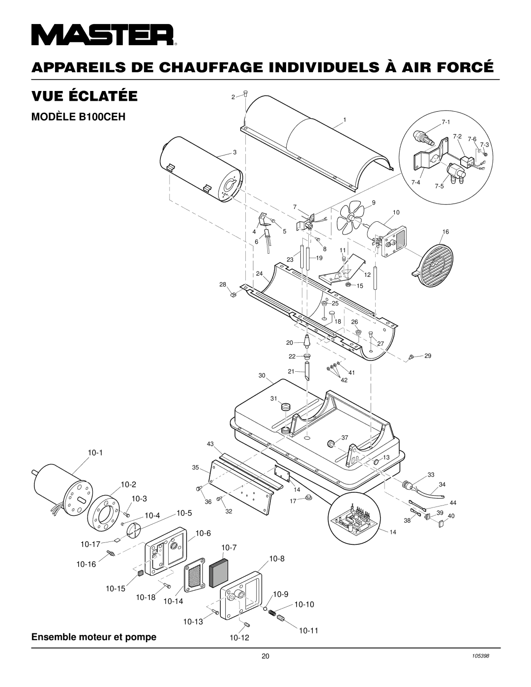 Master Lock B70CEH, B35CEH, B150CEH owner manual Modè LE B100CEH, Ensemble moteur et pompe 