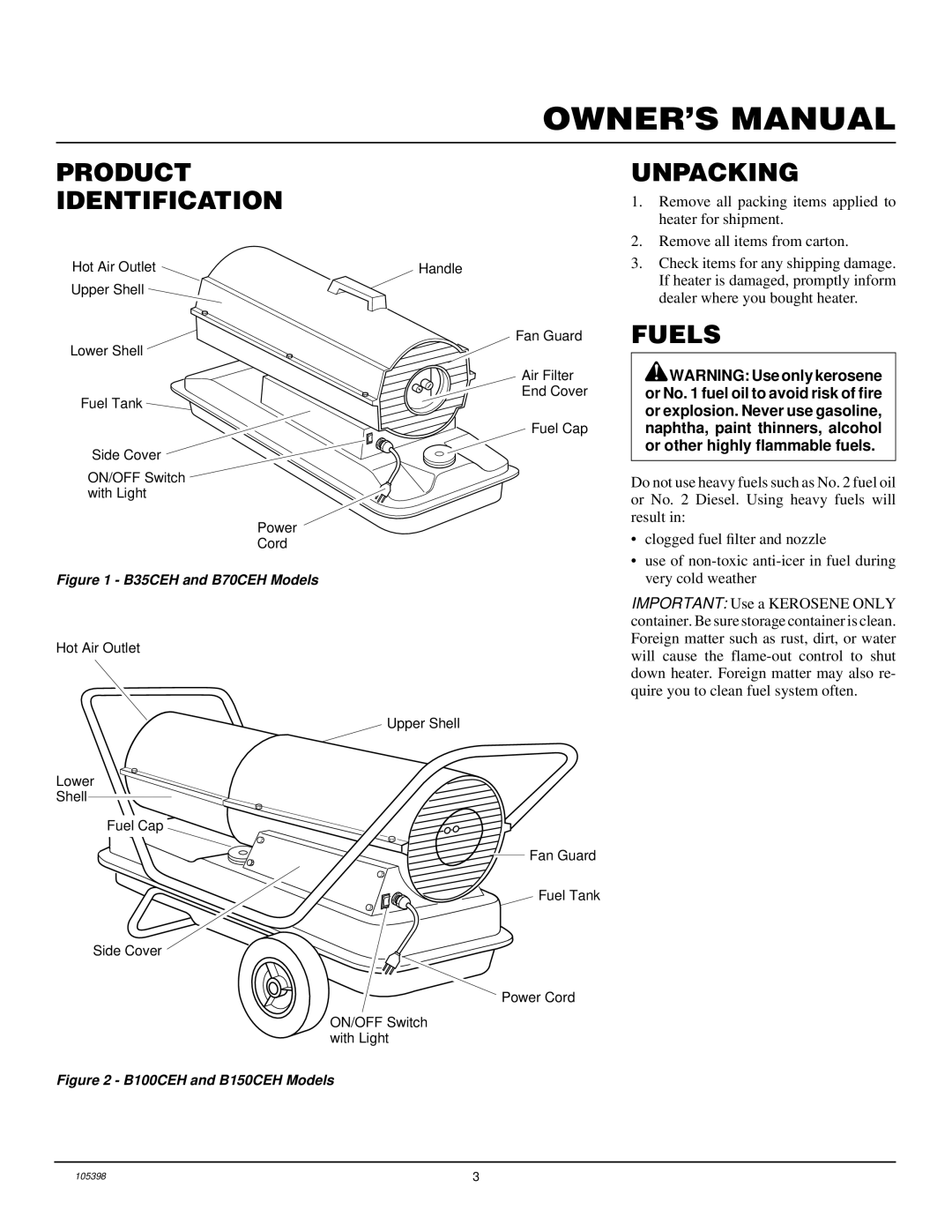 Master Lock B35CEH, B70CEH, B150CEH, B100CEH owner manual Product Identification, Unpacking, Fuels 