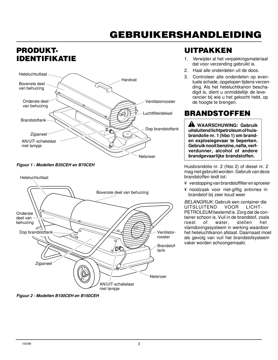 Master Lock B35CEH, B70CEH, B150CEH, B100CEH owner manual Produkt Identifikatie, Uitpakken, Brandstoffen 