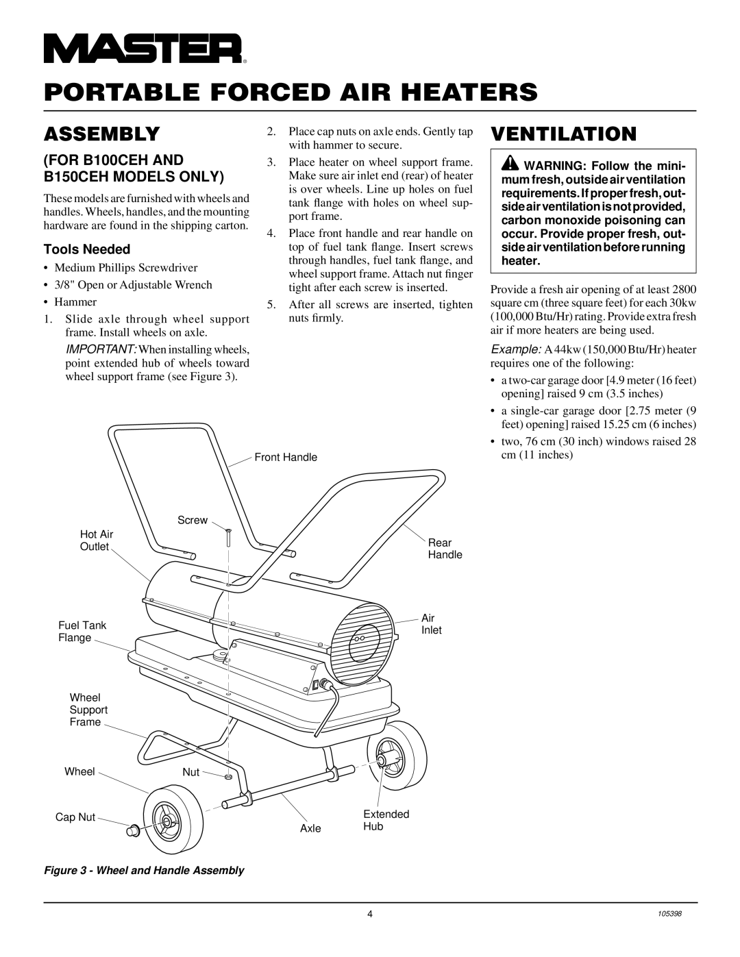 Master Lock B70CEH, B35CEH owner manual Assembly, Ventilation, For B100CEH and B150CEH Models only, Tools Needed 