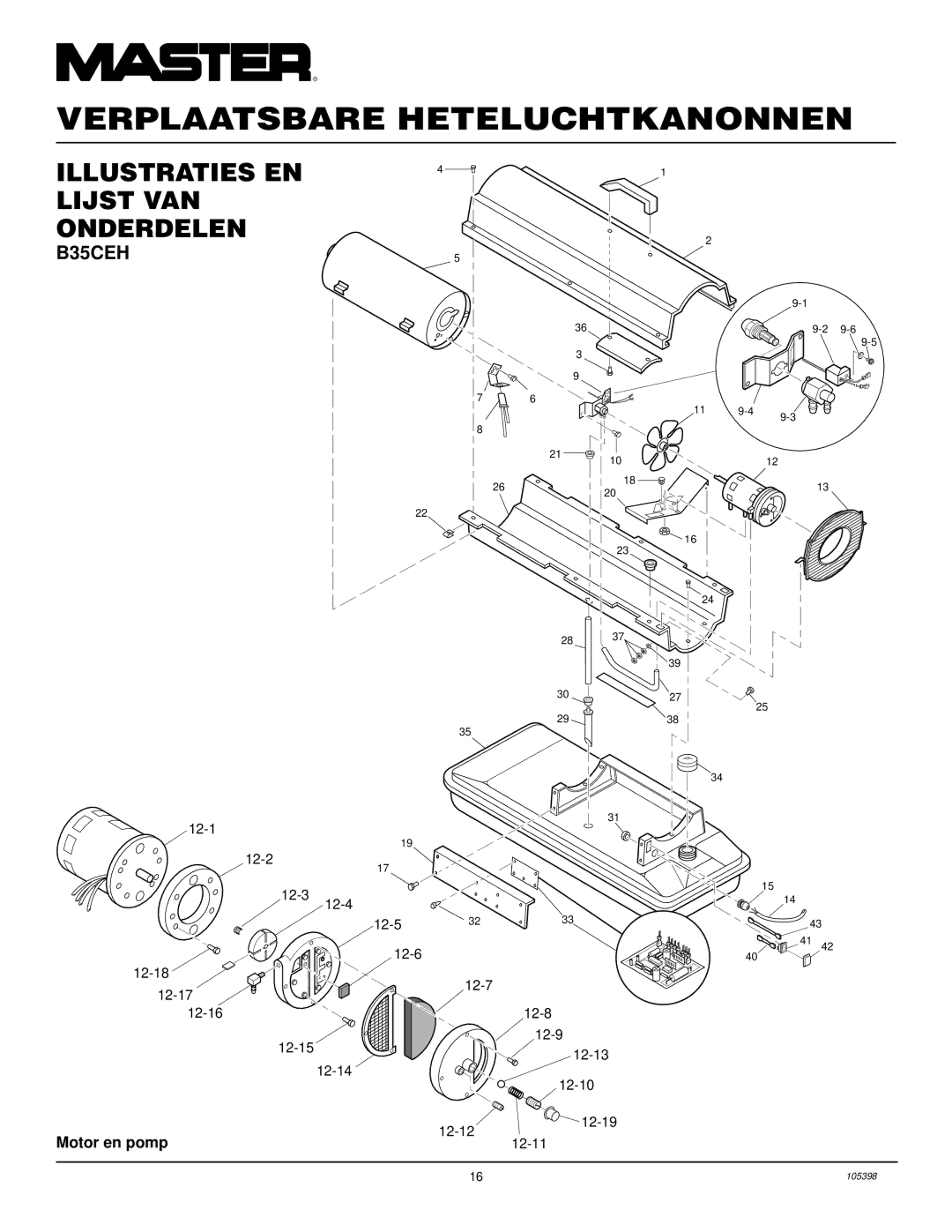 Master Lock B150CEH, B70CEH, B100CEH owner manual Illustraties EN Lijst VAN Onderdelen, B35CEH, Motor en pomp 