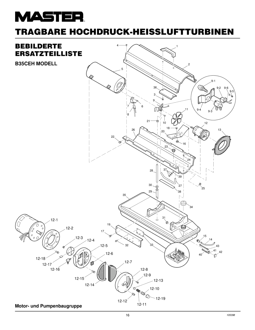 Master Lock B70CEH, B150CEH, B100CEH owner manual BEBILDERTE4 Ersatzteilliste, B35CEH Modell, Motor- und Pumpenbaugruppe 