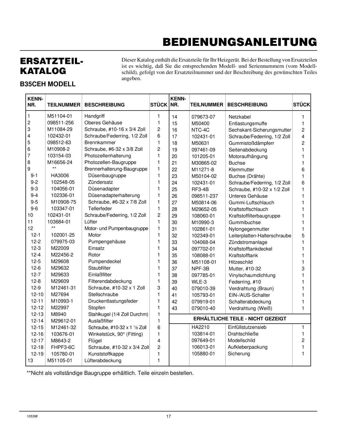 Master Lock B35CEH, B70CEH, B150CEH ERSATZTEIL- Katalog, Kenn Teilnummer Beschreibung, Teilnummer Beschreibung STÜ CK 