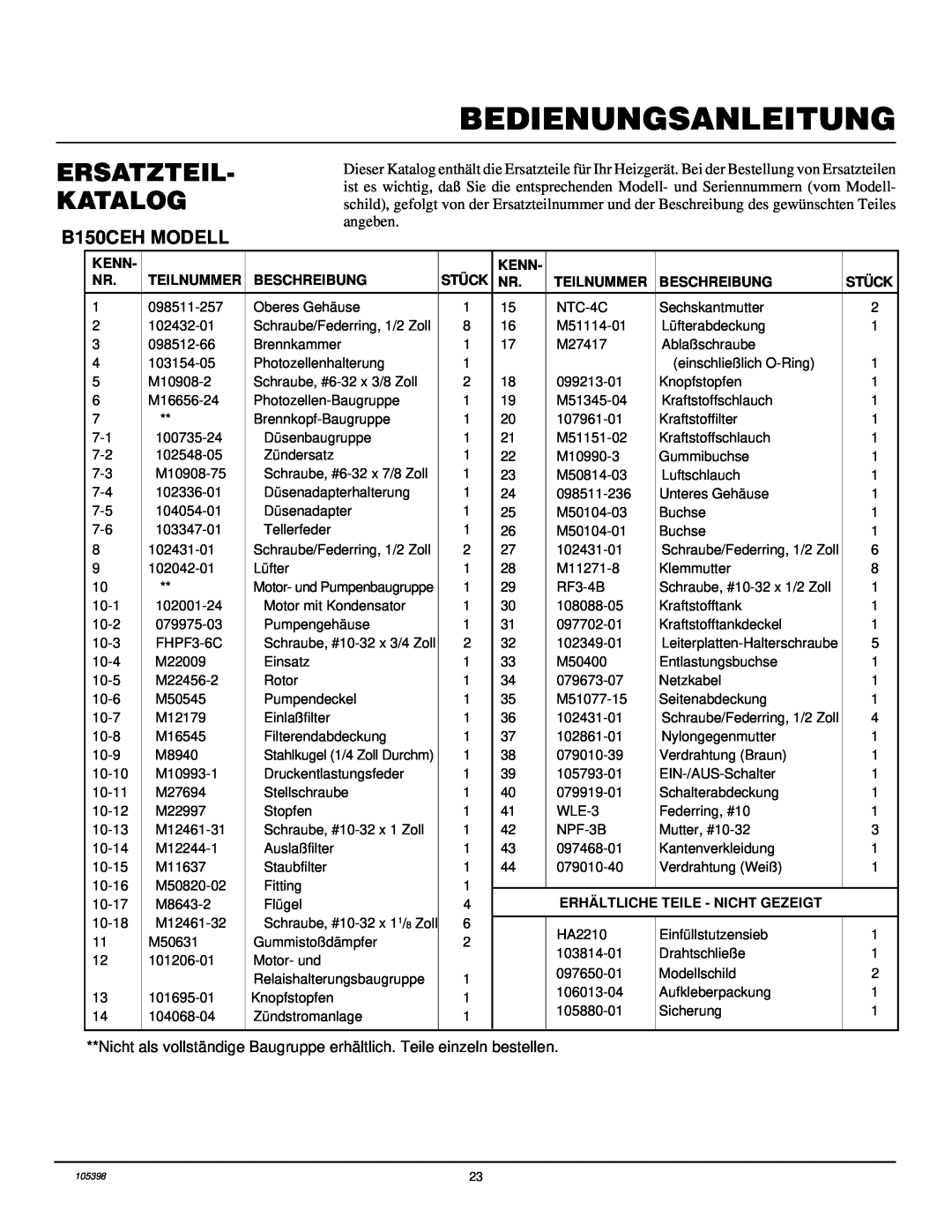 Master Lock B100CEH, B70CEH, B35CEH owner manual Bedienungsanleitung, Ersatzteil- Katalog, B150CEH MODELL, 098511-257 