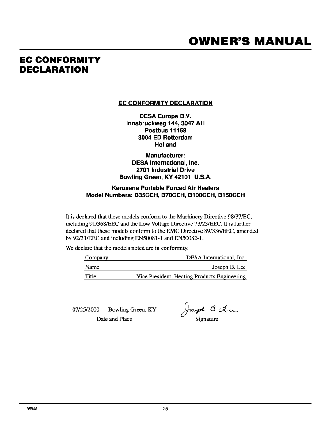 Master Lock B100CEH, B70CEH, B35CEH, B150CEH owner manual Ec Conformity Declaration, Owner’S Manual 