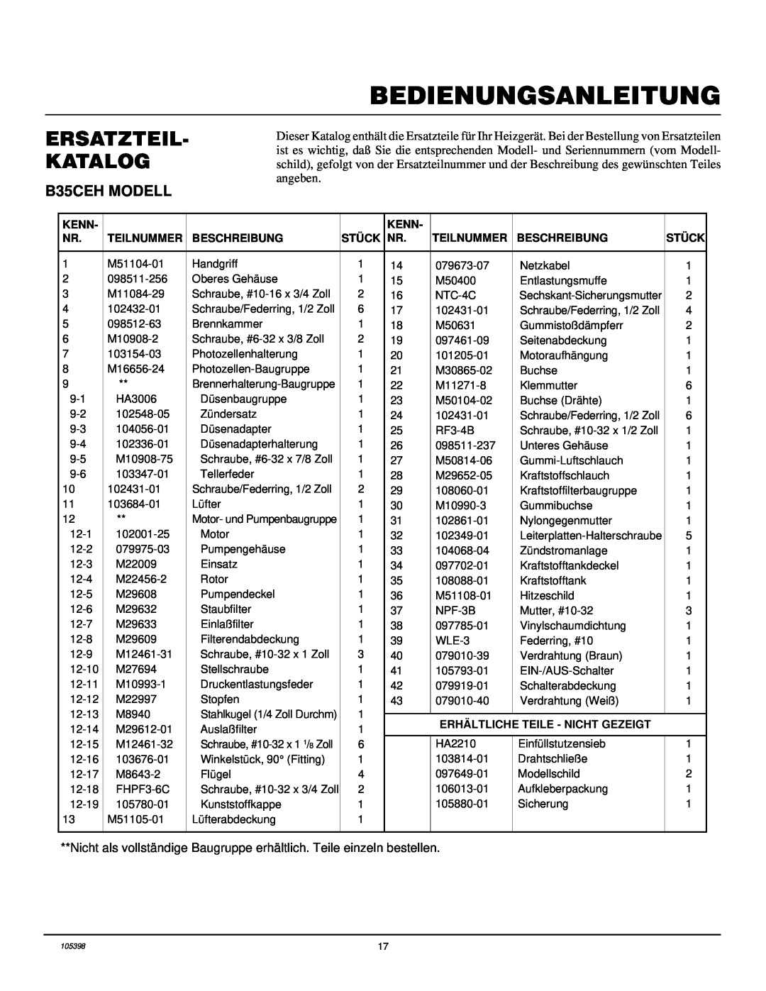 Master Lock B70CEH, B150CEH, B100CEH owner manual Ersatzteil- Katalog, Bedienungsanleitung, B35CEH MODELL 