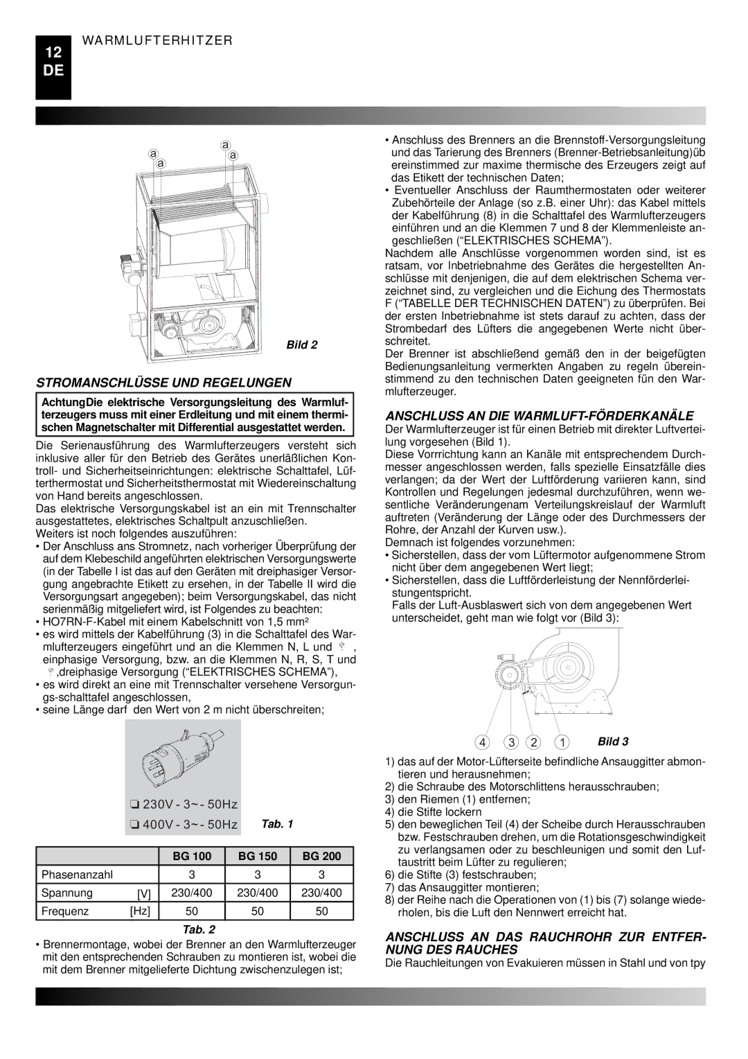 Master Lock BG 100, BG 150, BG 200 manual Stromanschlüsse UND Regelungen, Anschluss AN DIE WARMLUFT-FÖRDERKANÄLE 