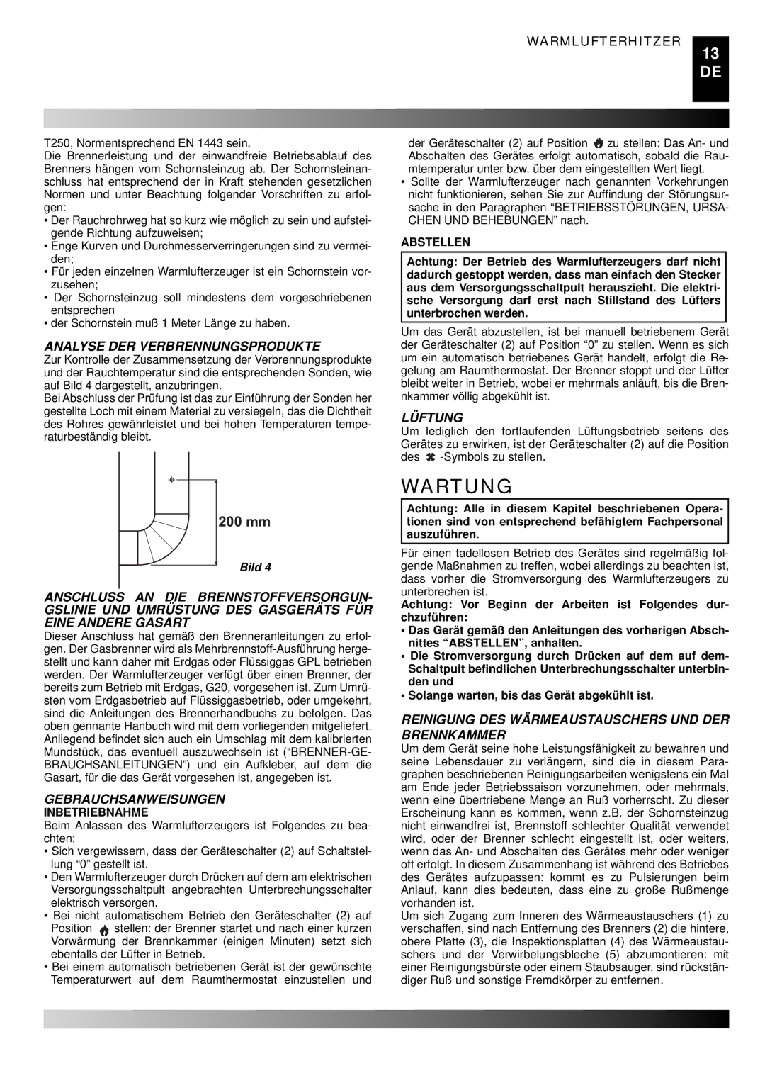 Master Lock BG 150, BG 100, BG 200 manual Wartung, Analyse DER Verbrennungsprodukte, Gebrauchsanweisungen, Lüftung 