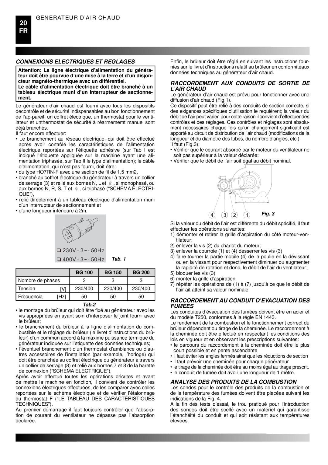 Master Lock BG 200, BG 100, BG 150 Connexions Electriques ET Reglages, Raccordement AUX Conduits DE Sortie DE L’AIR Chaud 