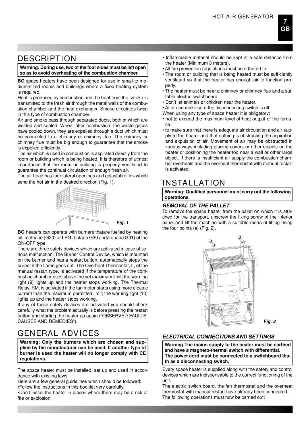 Master Lock BG 150 Description, General Advices, Installation, Removal of the Pallet, Electrical Connections and Settings 