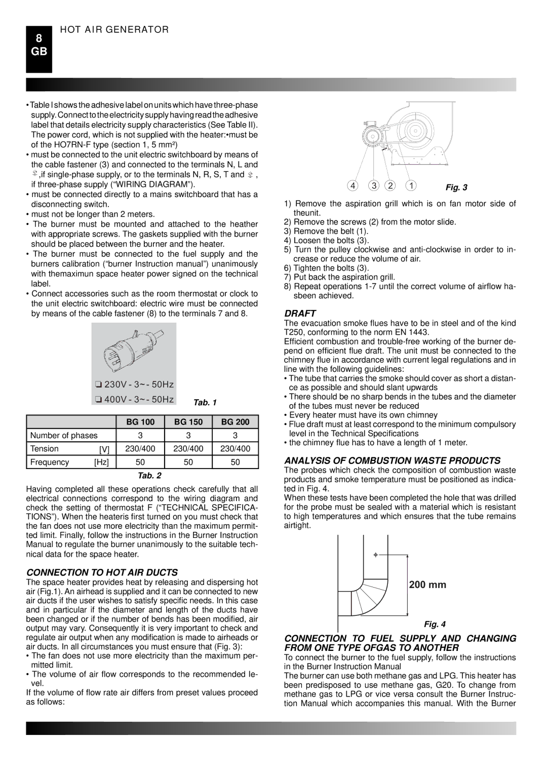 Master Lock BG 200 Connection to HOT AIR Ducts, Draft, Analysis of Combustion Waste Products, Number of phases Tension 