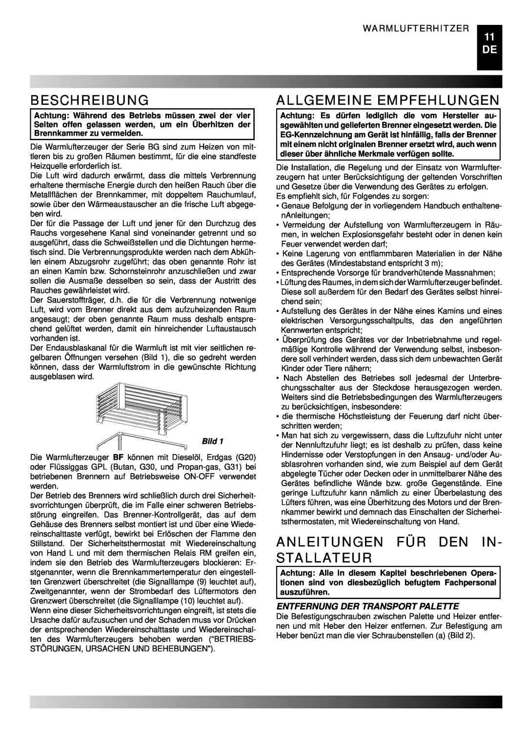 Master Lock BG 200 manual Beschreibung, Allgemeine Empfehlungen, Anleitungen Für Den In- Stallateur, Warmlufterhitzer, Bild 