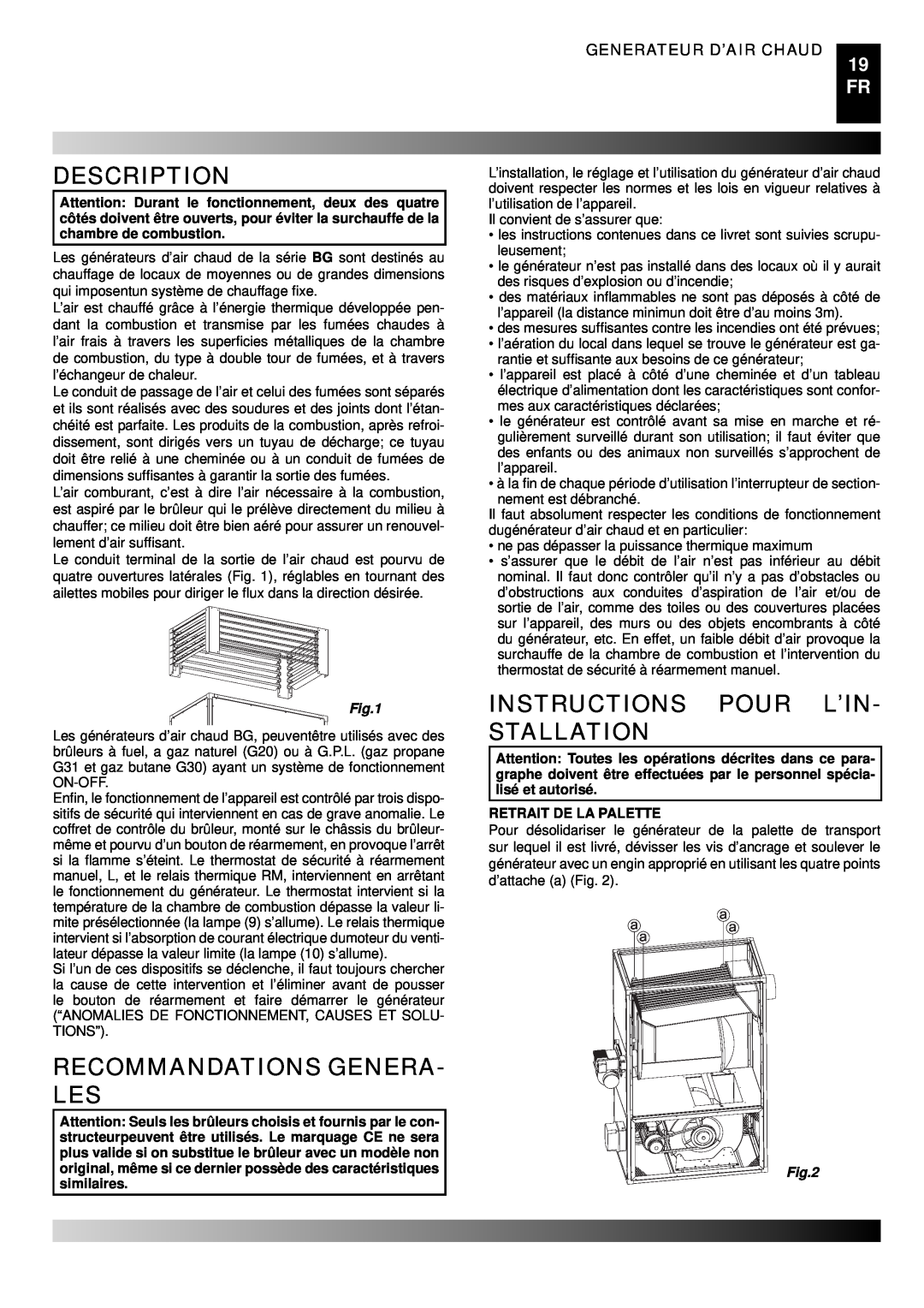 Master Lock BG 150 Recommandations Genera- Les, Instructions Pour L’In- Stallation, Generateur D’Air Chaud, Description 