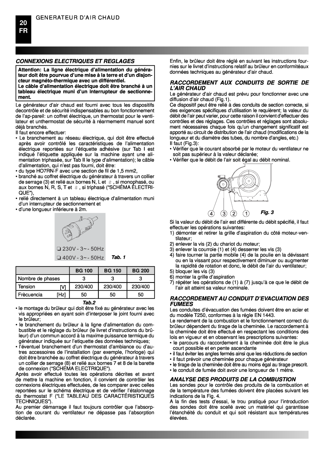 Master Lock BG 200, BG 100 Connexions Electriques Et Reglages, Raccordement Aux Conduits De Sortie De L’Air Chaud, Tab.2 