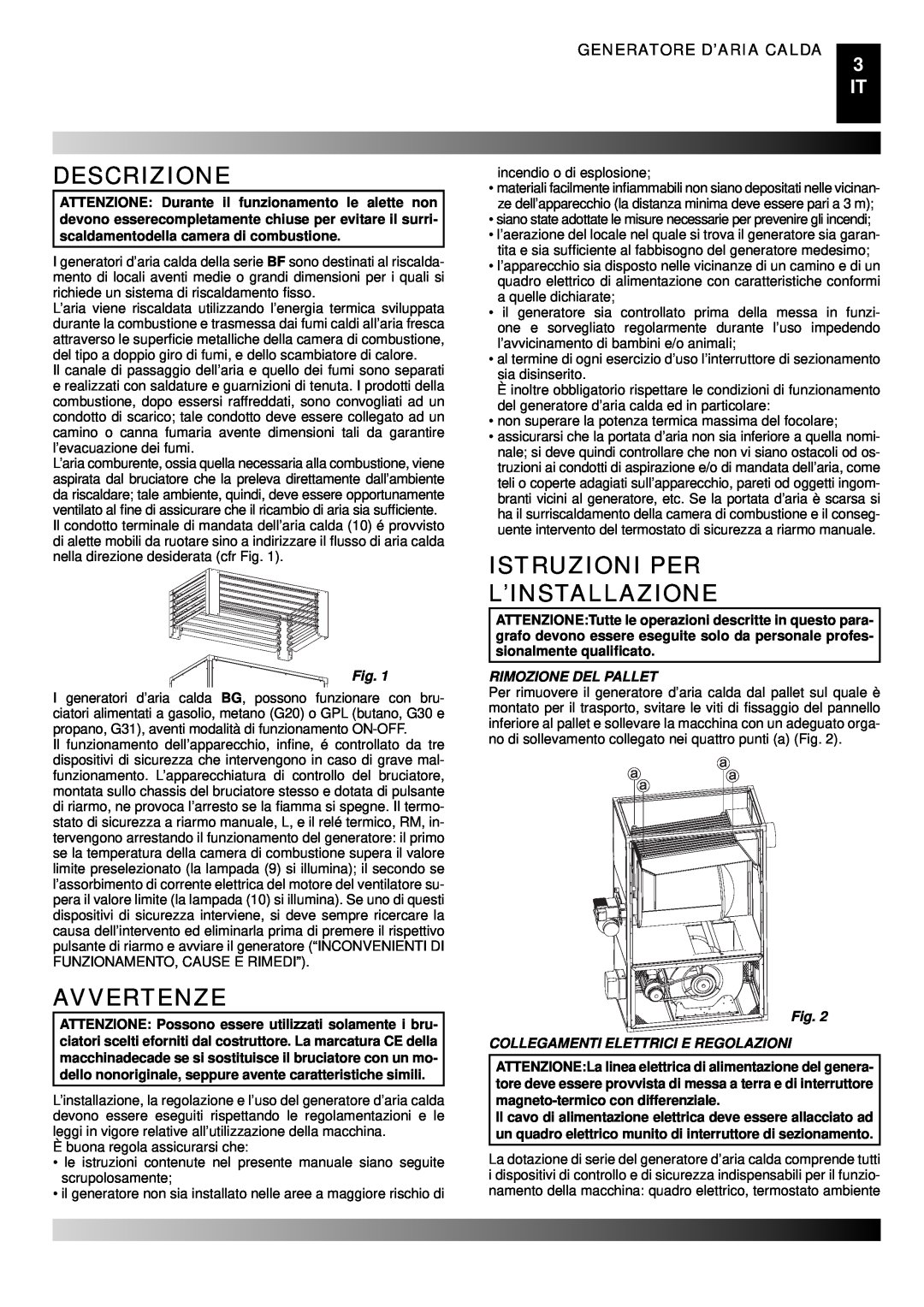 Master Lock BG 100 Descrizione, Avvertenze, Istruzioni Per L’Installazione, Generatore D’Aria Calda, Rimozione Del Pallet 