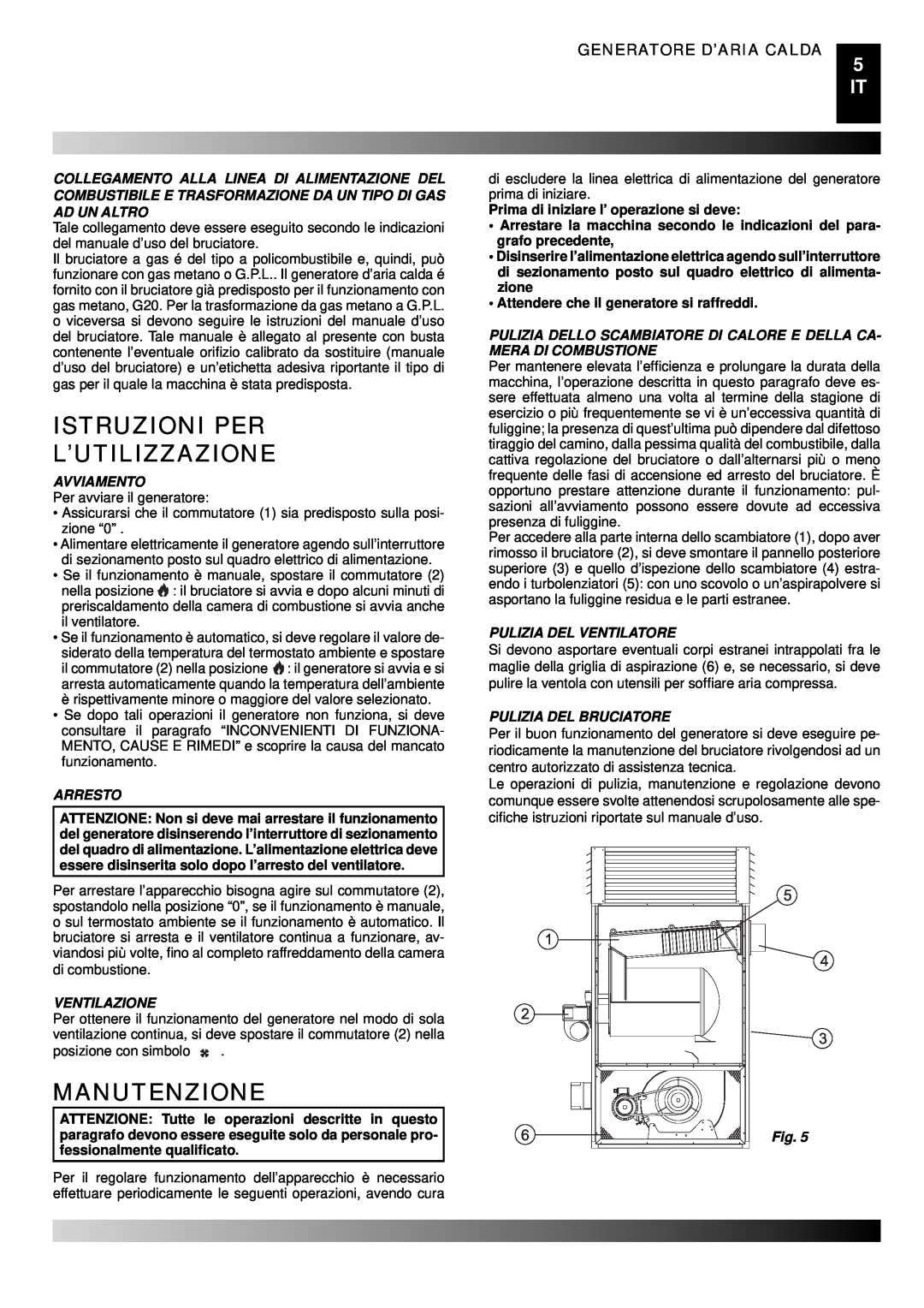 Master Lock BG 200, BG 100 manual Istruzioni Per L’Utilizzazione, Manutenzione, Generatore D’Aria Calda, Avviamento, Arresto 