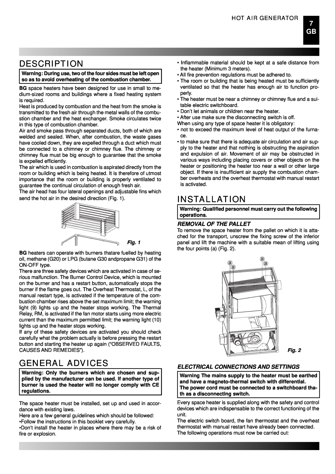 Master Lock BG 150, BG 100, BG 200 Description, General Advices, Installation, Hot Air Generator, Removal Of The Pallet 