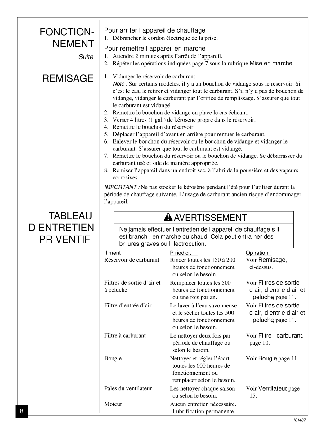 Master Lock BH150CE owner manual Remisage Tableau D’ENTRETIEN Préventif, Pour arrêter l’appareil de chauffage 