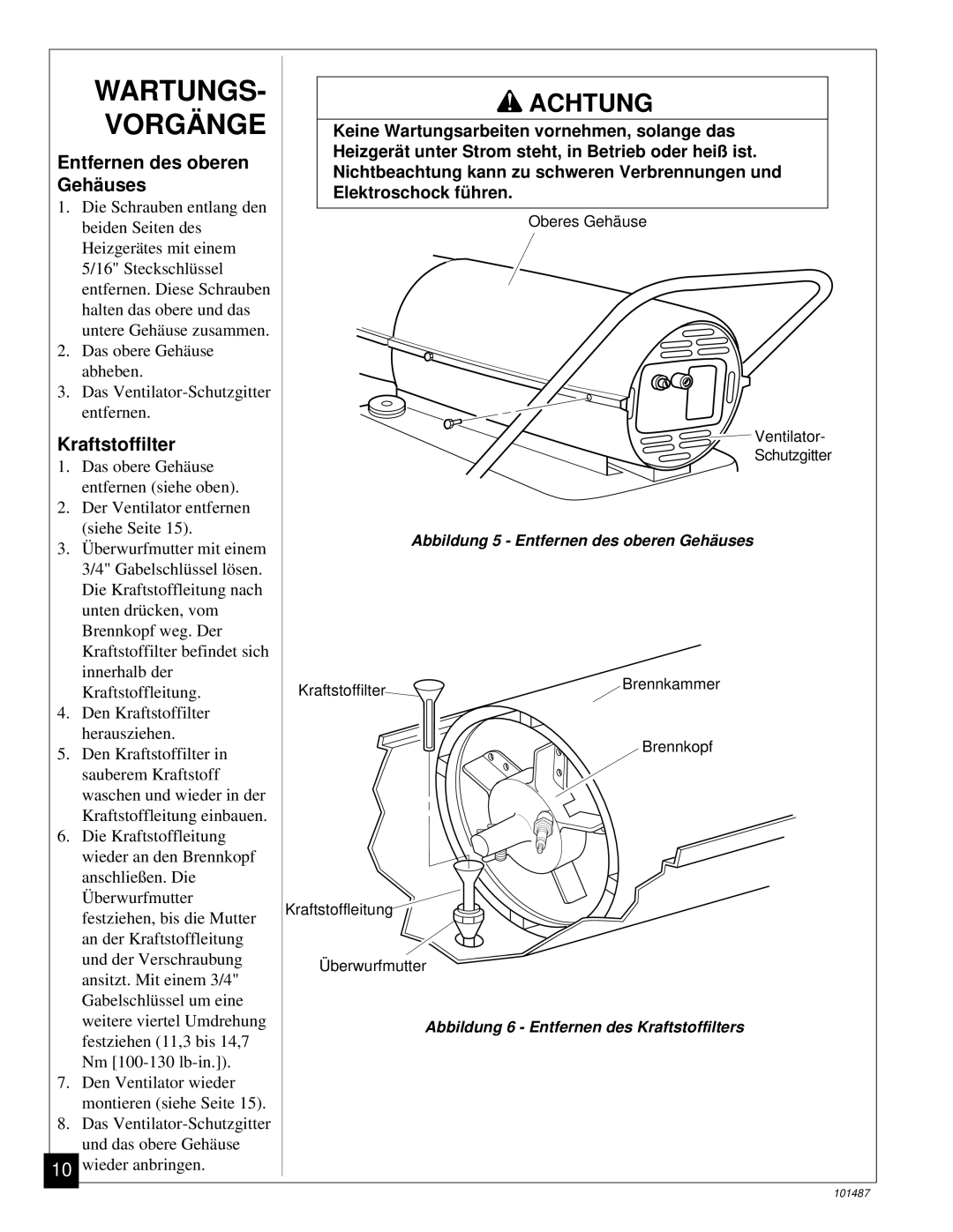 Master Lock BH150CE owner manual Entfernen des oberen Gehä uses, Kraftstoffilter 