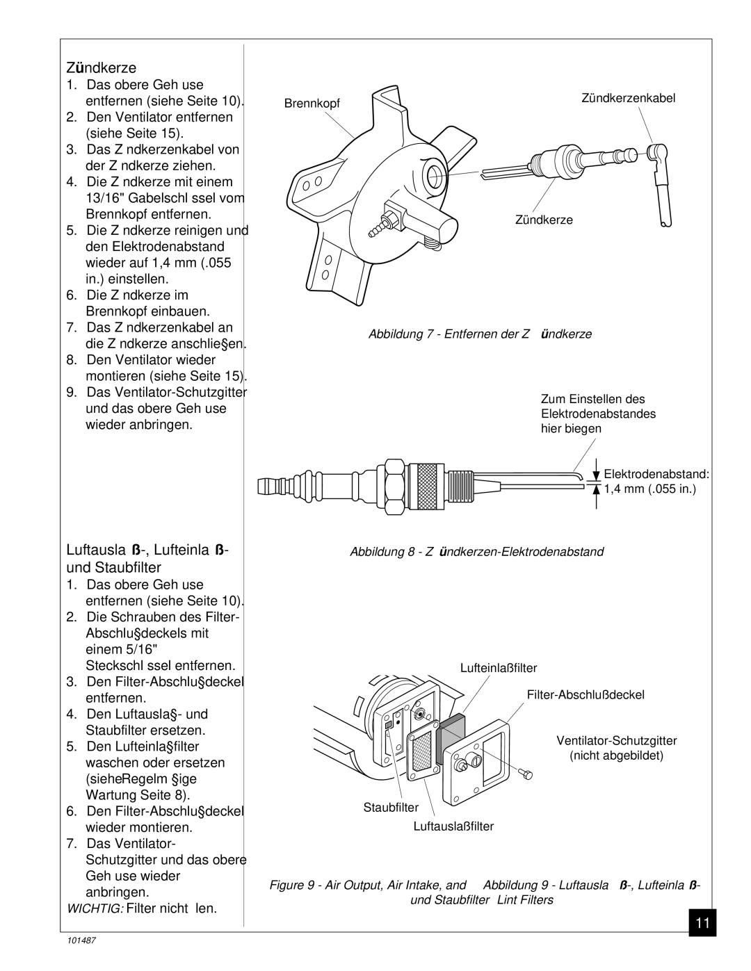 Master Lock BH150CE owner manual Zü ndkerze, Luftauslaß-, Lufteinlaß- und Staubfilter 