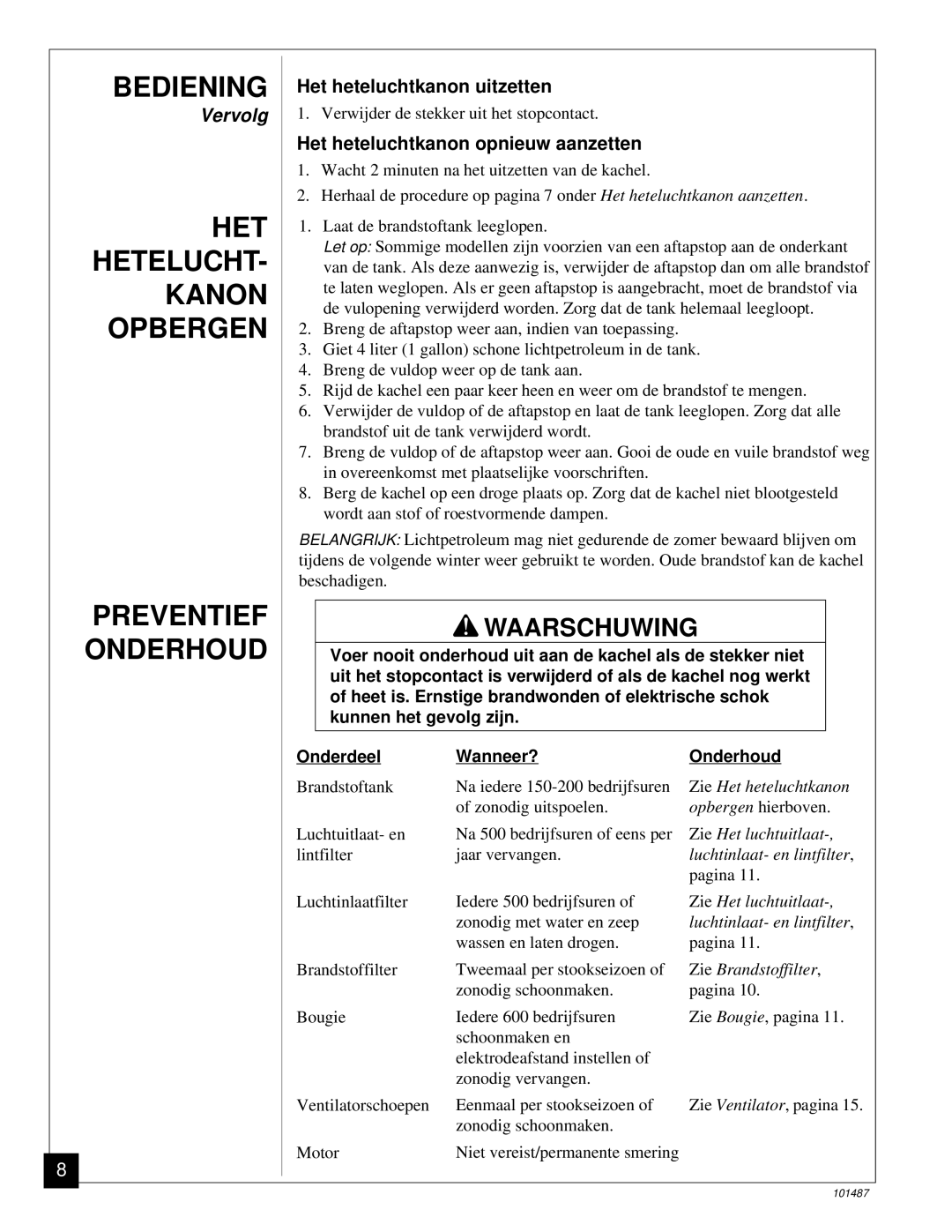 Master Lock BH150CE owner manual HET HETELUCHT- Kanon Opbergen Preventief Onderhoud, Het heteluchtkanon uitzetten 