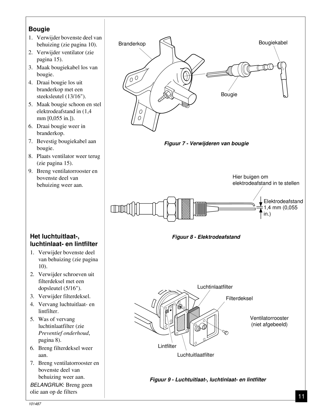 Master Lock BH150CE owner manual Het luchtuitlaat-, luchtinlaat- en lintfilter, Figuur 8 Elektrodeafstand 