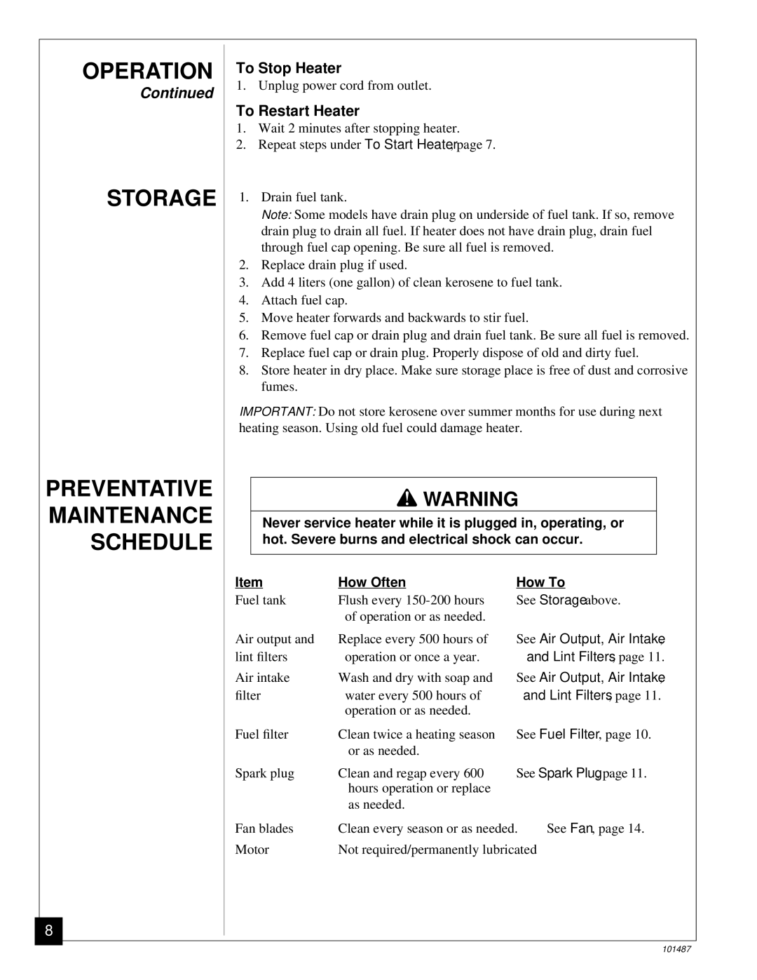 Master Lock BH150CE owner manual Operation Storage Preventative Maintenance Schedule, To Stop Heater, To Restart Heater 