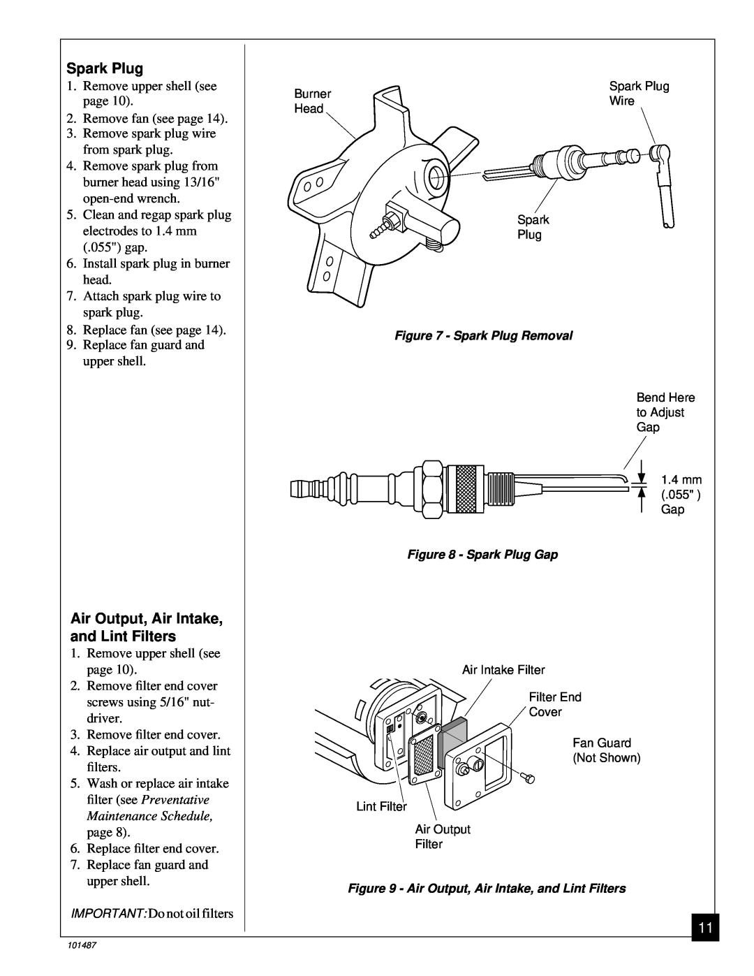 Master Lock BH150CE owner manual Spark Plug, Air Output, Air Intake, and Lint Filters 