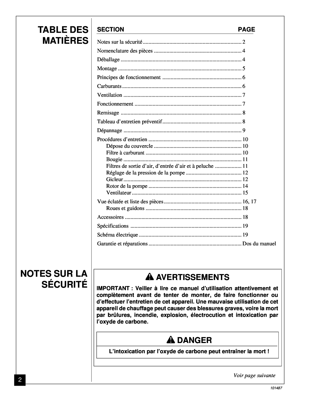 Master Lock BH150CE Table Des Matières Notes Sur La Sécurité, Avertissements, Voir page suivante, Danger, Section, Page 