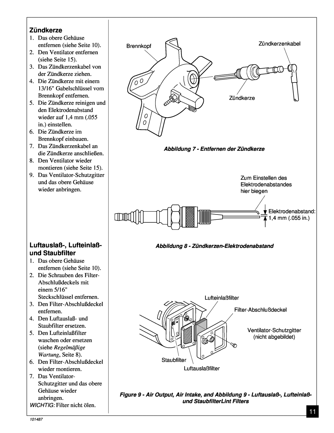 Master Lock BH150CE owner manual Zü ndkerze, Luftauslaß-,Lufteinlaß- und Staubfilter 