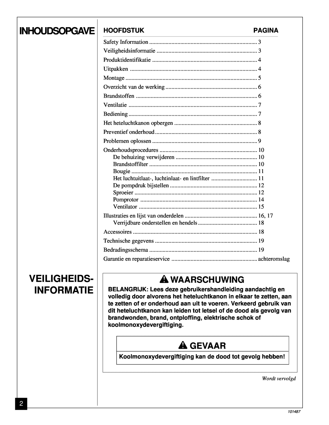 Master Lock BH150CE owner manual Inhoudsopgave Veiligheids- Informatie, Waarschuwing, Gevaar, Hoofdstuk, Pagina 