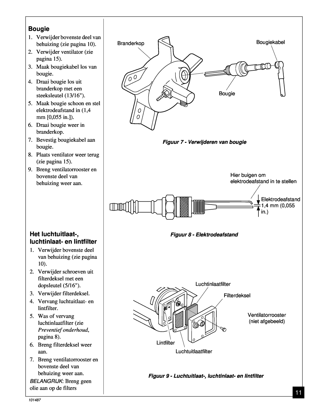Master Lock BH150CE owner manual Het luchtuitlaat-,luchtinlaat- en lintfilter, Bougie 