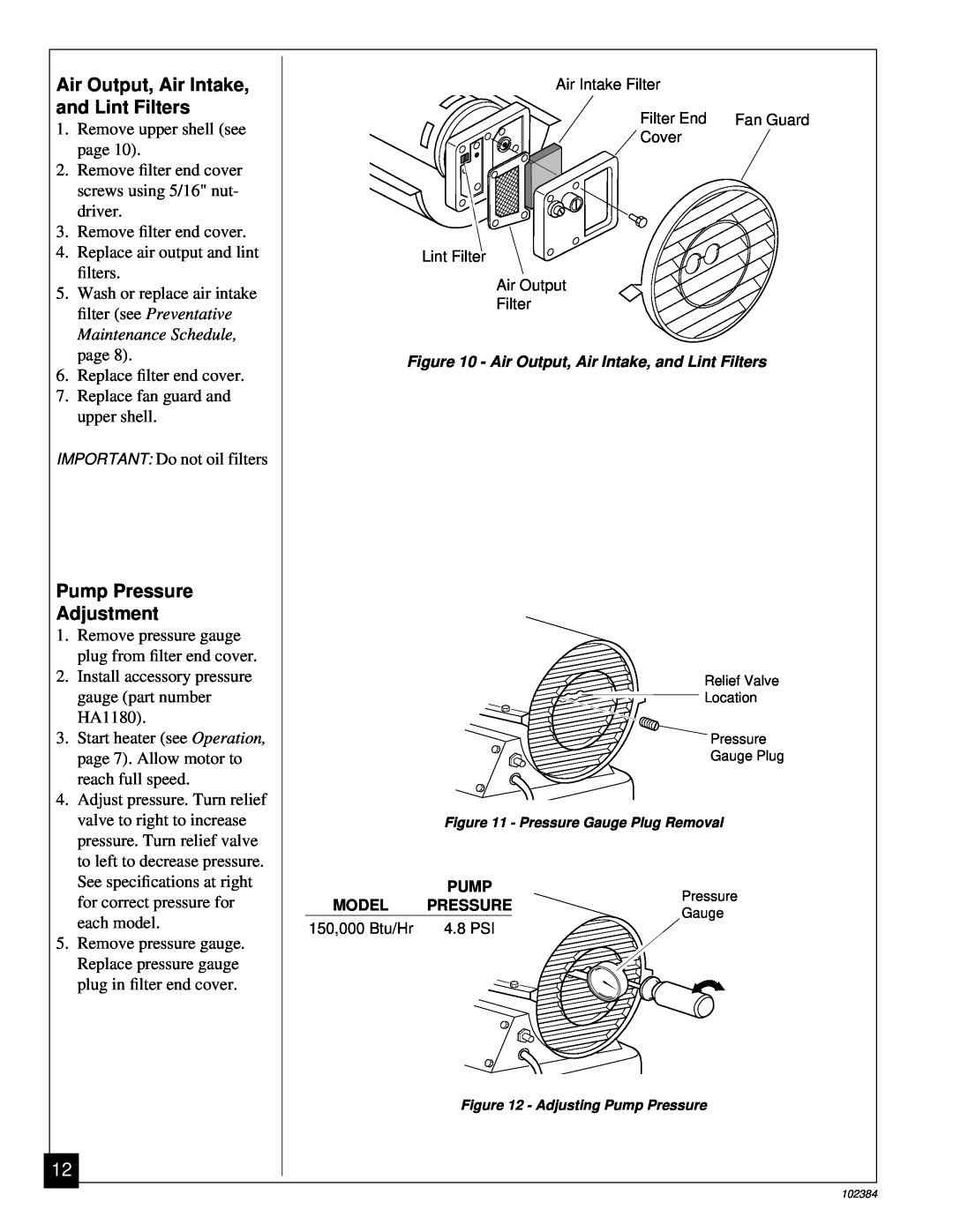 Master Lock BR150CE owner manual Air Output, Air Intake, and Lint Filters, Pump Pressure Adjustment 
