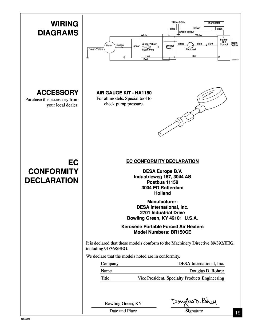 Master Lock Wiring Diagrams, Ec Conformity Declaration, Accessory, AIR GAUGE KIT - HA1180, Model Numbers BR150CE 