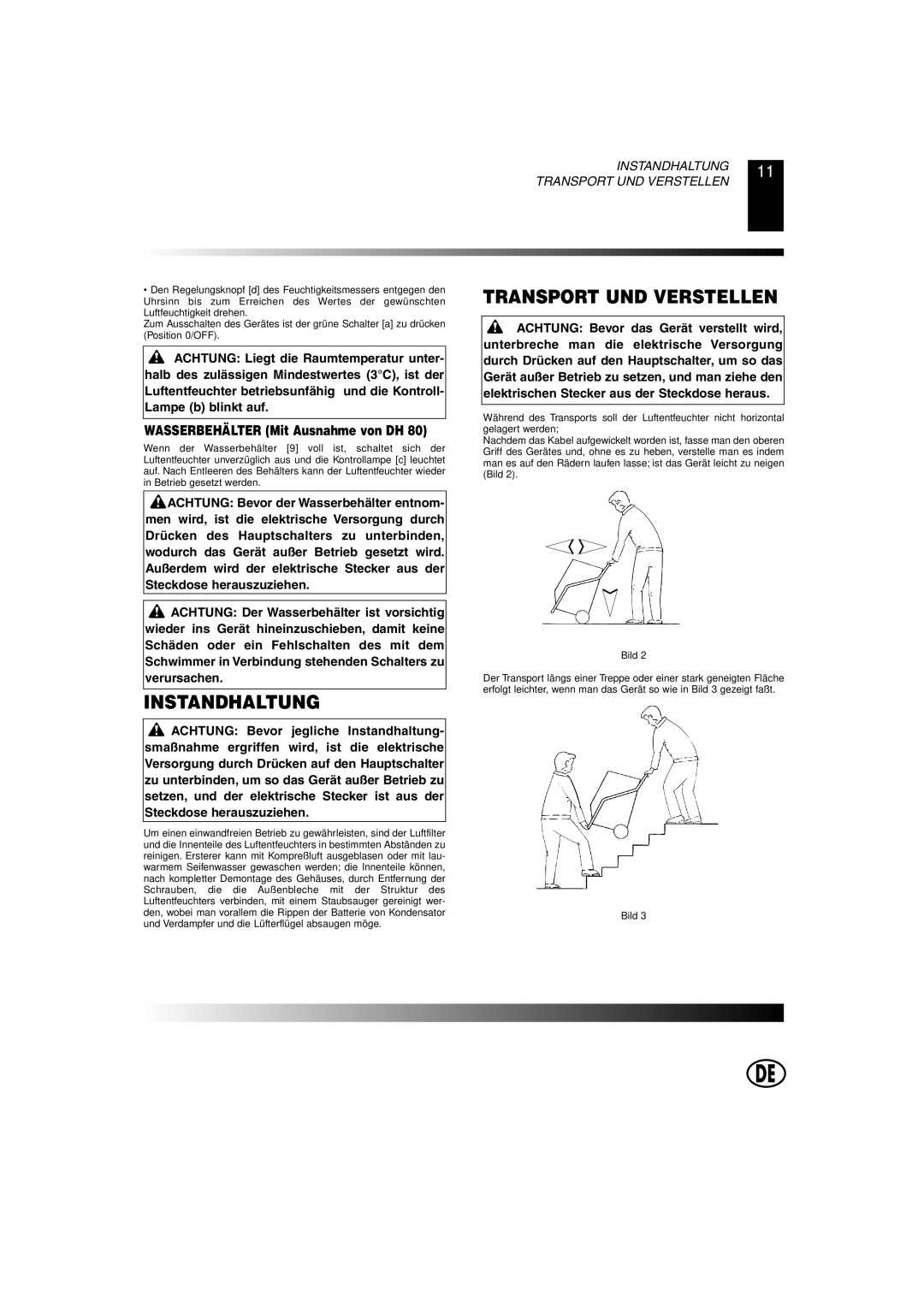 Master Lock DH 55, DH 80, DH 40, DH 25 owner manual Instandhaltung, Transport UND Verstellen 