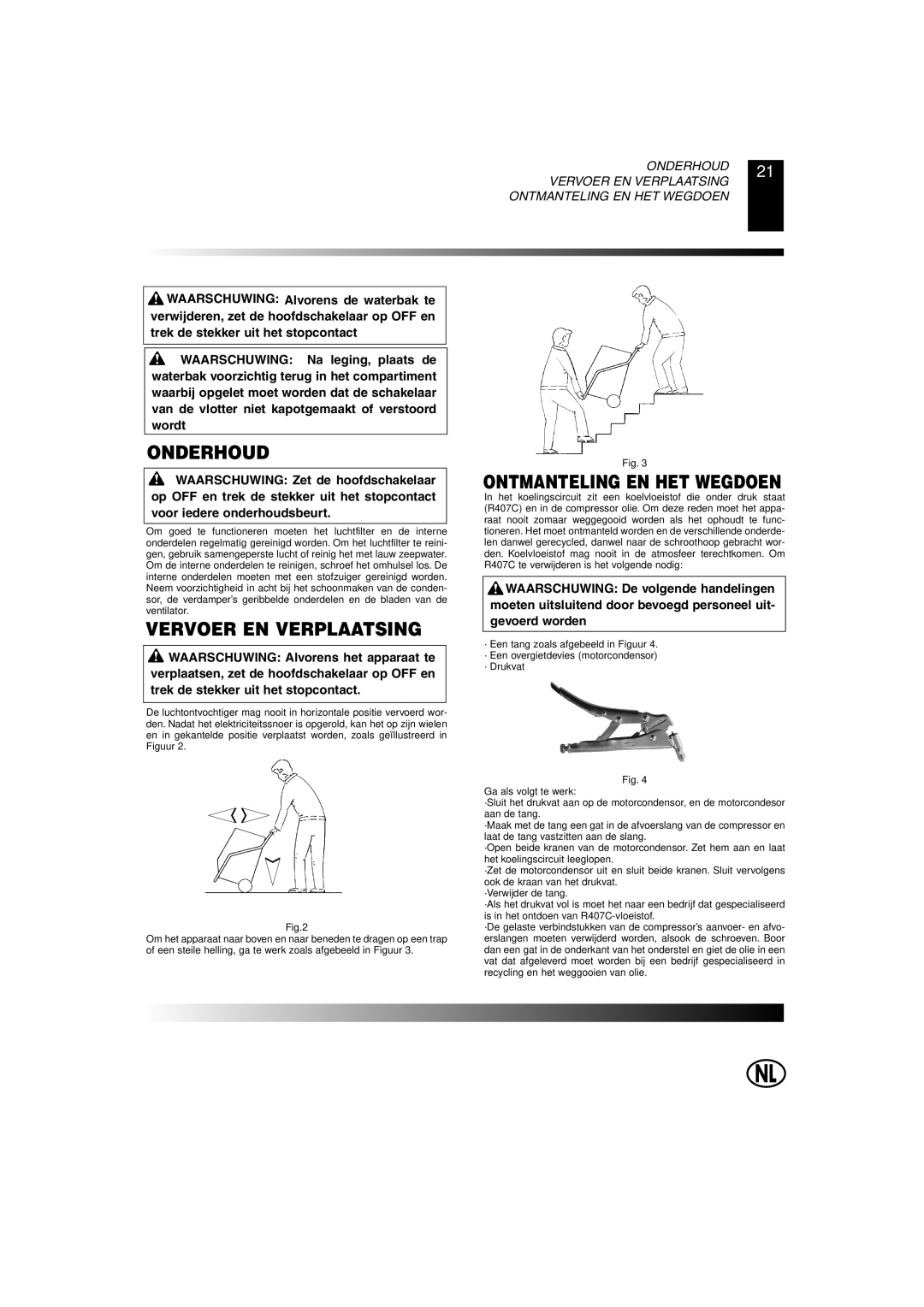 Master Lock DH 40, DH 80, DH 25, DH 55 owner manual Onderhoud, Vervoer EN Verplaatsing, Ontmanteling EN HET Wegdoen 