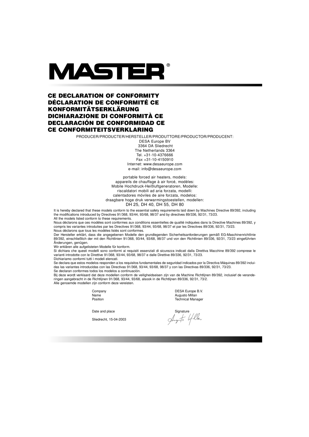Master Lock DH 80 owner manual DH 25, DH 40, DH 55, DH 