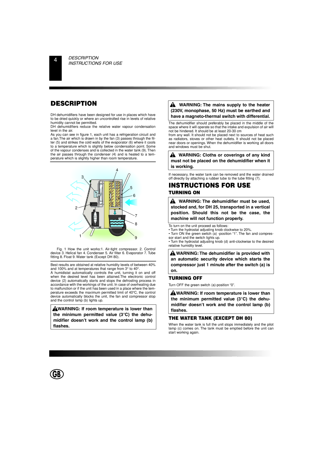 Master Lock DH 80, DH 40, DH 25, DH 55 Description, Instructions for USE, Turning on, Turning OFF, Water Tank Except DH 