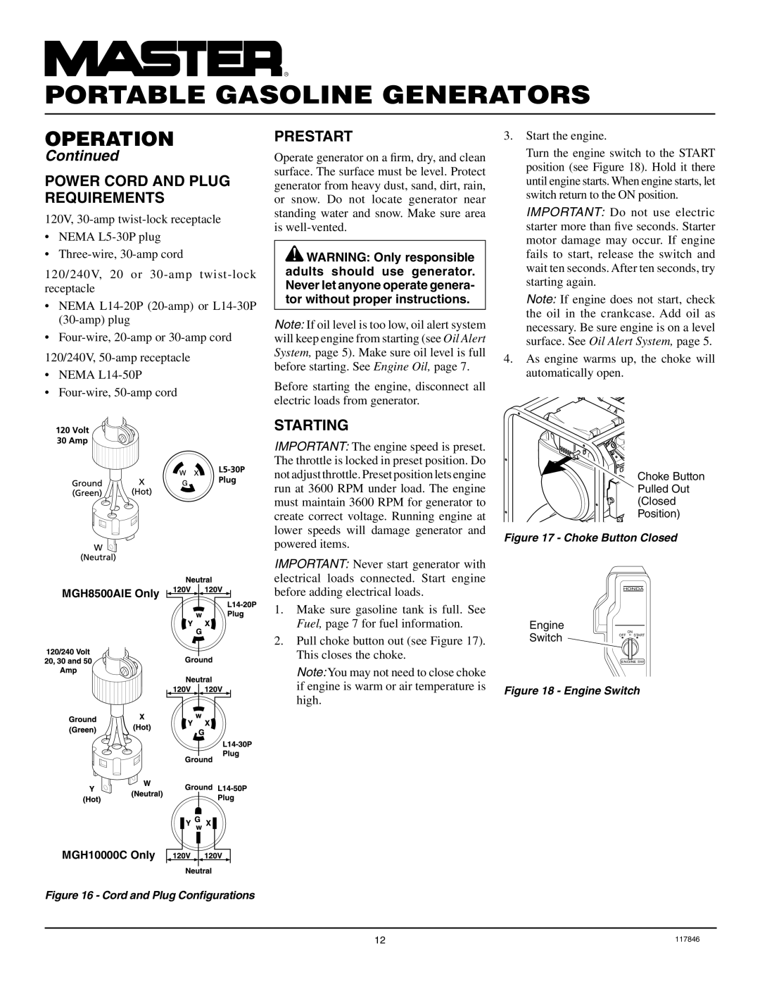 Master Lock MGH10000C, MGH8500AIE installation manual Power Cord and Plug Requirements, Prestart, Starting 