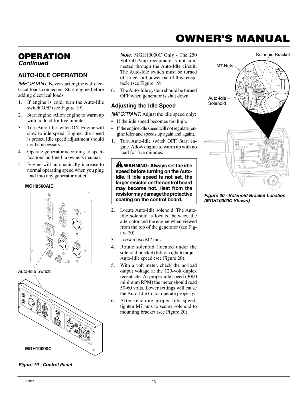 Master Lock MGH8500AIE, MGH10000C installation manual AUTO-IDLE Operation, Adjusting the Idle Speed 