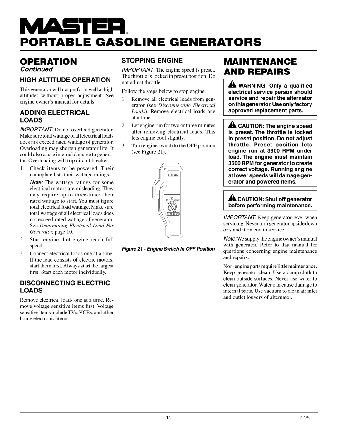 Master Lock MGH10000C Maintenance and Repairs, High Altitude Operation Adding Electrical Loads, Stopping Engine 