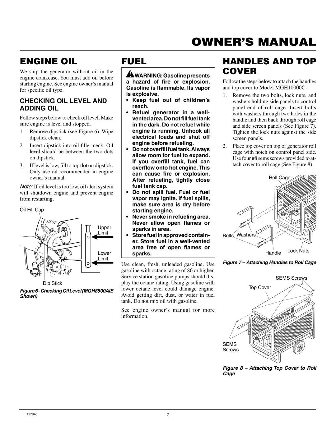 Master Lock MGH8500AIE, MGH10000C Engine OIL, Fuel, Handles and TOP Cover, Checking OIL Level and Adding OIL 